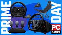 A selection of sim racing and racing wheel products on a blue and red Amazon Prime Day background