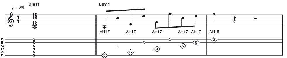 Example 50: D minor 11 Harp Harmonic Shape - This Dm11 shape utilises the same technique as in Ex 9, although the pattern is different. This time we are starting with a harmonic before plucking the fretted note two strings higher, resulting in the same type of cascading effect.