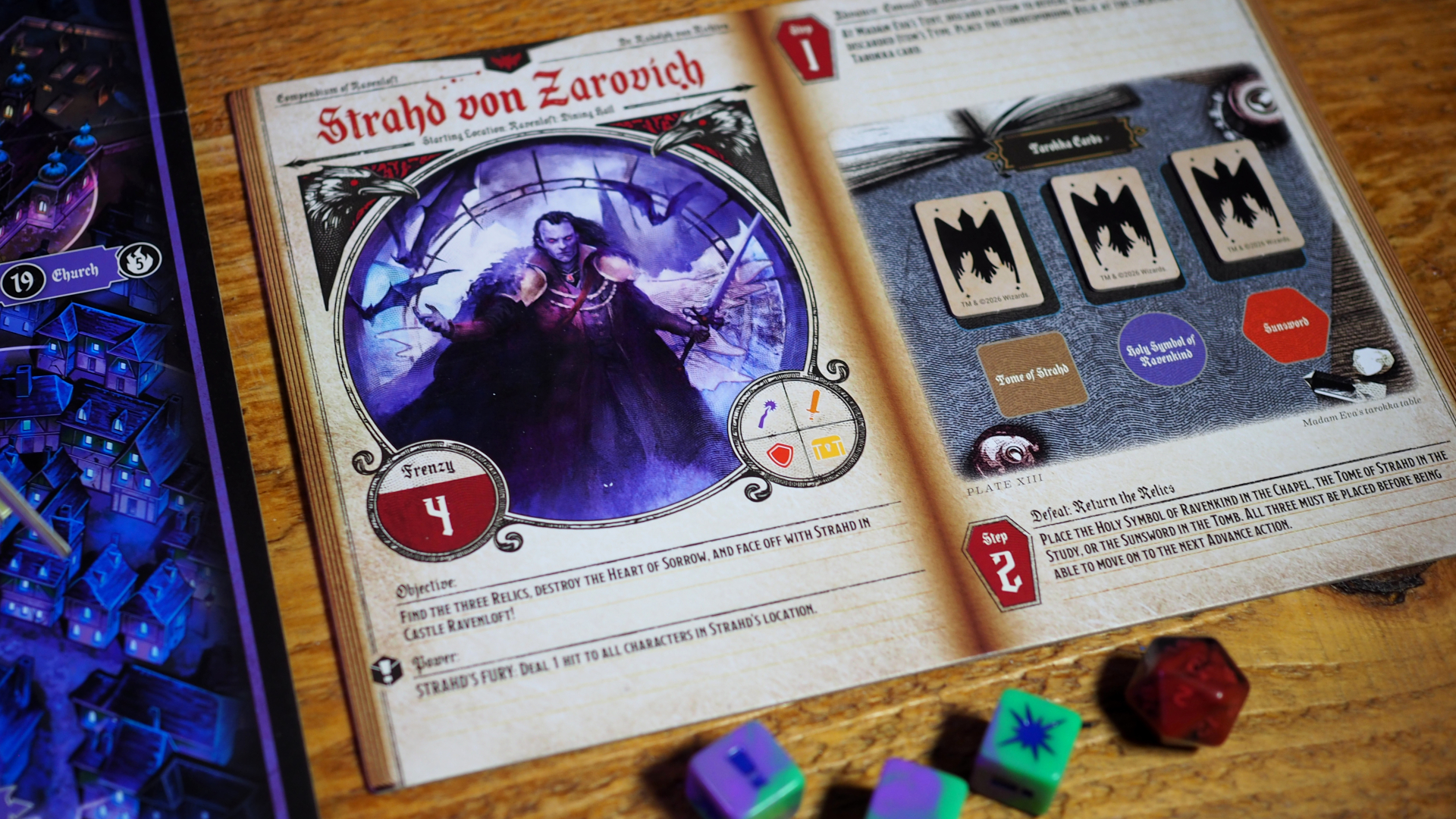 Strahd von Zarovich monster card on a wooden surface, with dice visible underneath