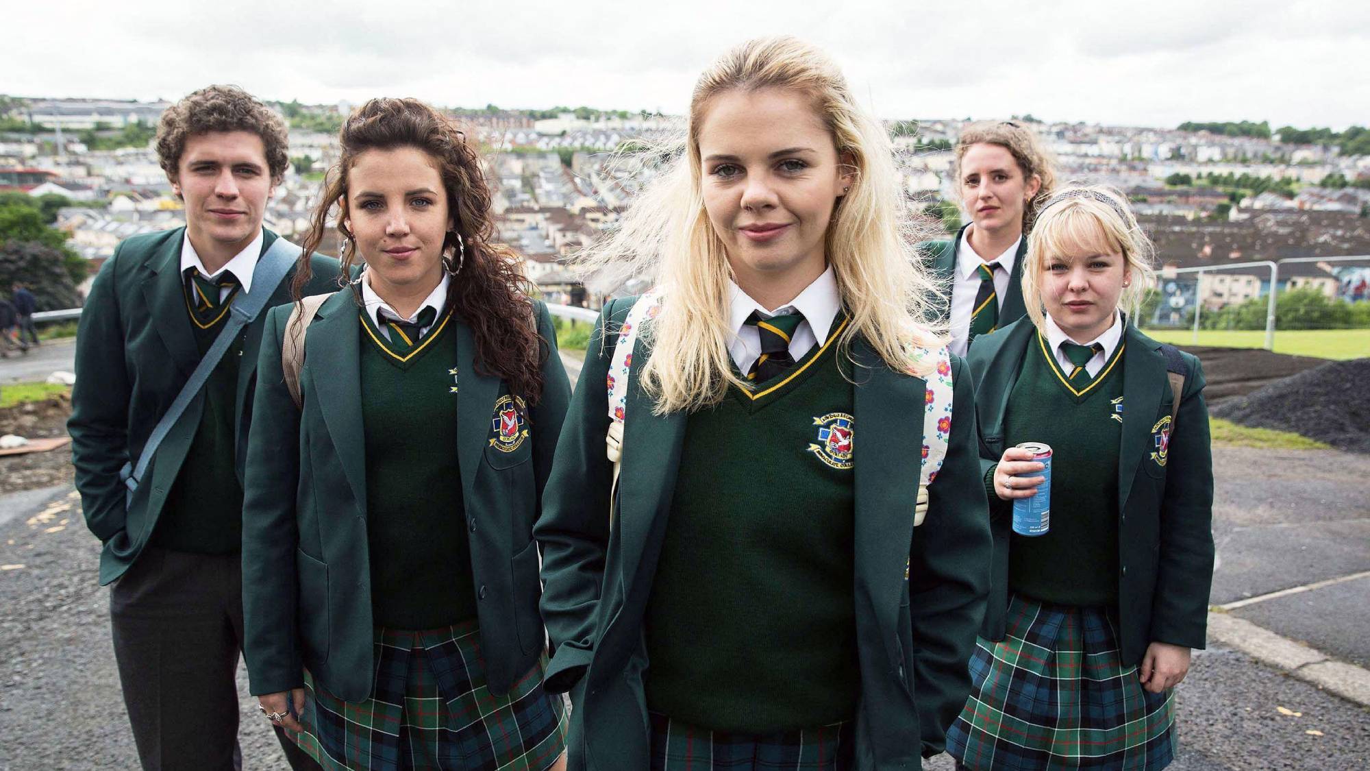 (L-R) Dylan Llewellyn as James, Jamie-Lee O'Donnell as Michelle, Saoirse-Monica Jackson as Erin, Louisa Harland as Orla and Nicola Coughlan as Clare in &amp;quot;Derry Girls&amp;quot;