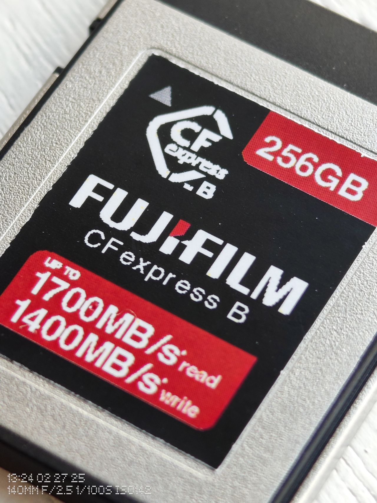 Close up of a Fujifilm CFExpress B card