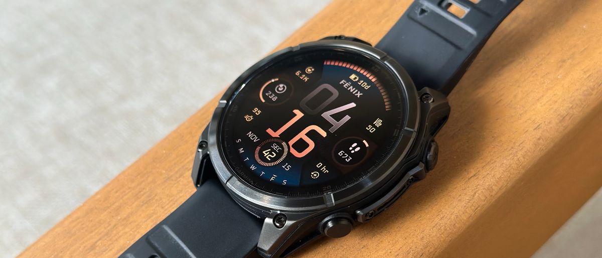 A side view of the Garmin Fenix 8 with the default watch face