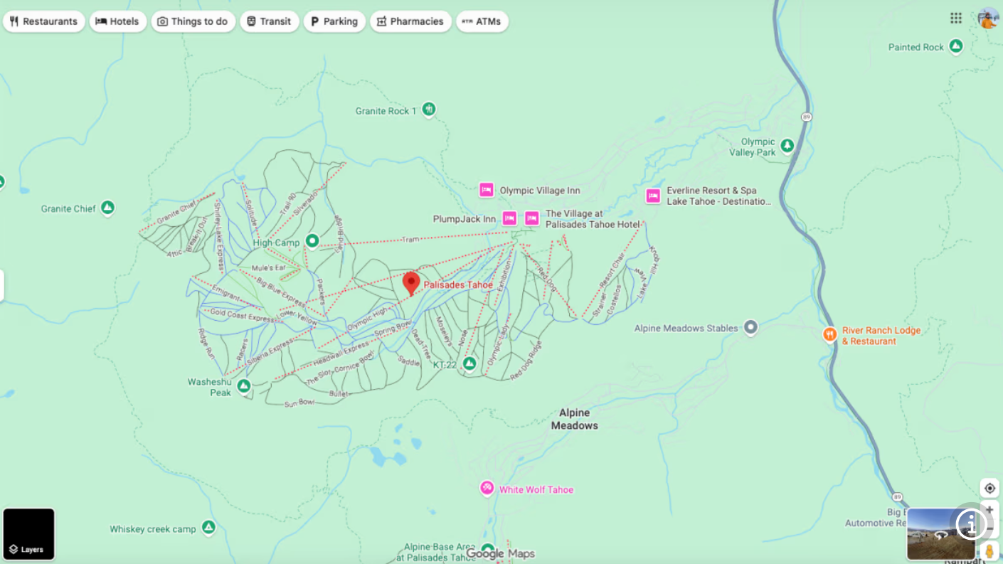 A map view of a ski resort in Google Maps