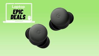 Left and right hazel Pixel Buds Pro 2 wireless earbuds against a green gradient background with epic deals sticker in the upper left corner.