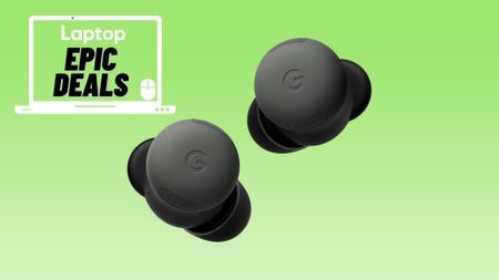 Left and right hazel Pixel Buds Pro 2 wireless earbuds against a green gradient background with epic deals sticker in the upper left corner.