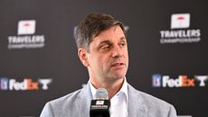 Brian Rolapp speaks to the media during his unveiling press conference ahead of the Travelers Championship