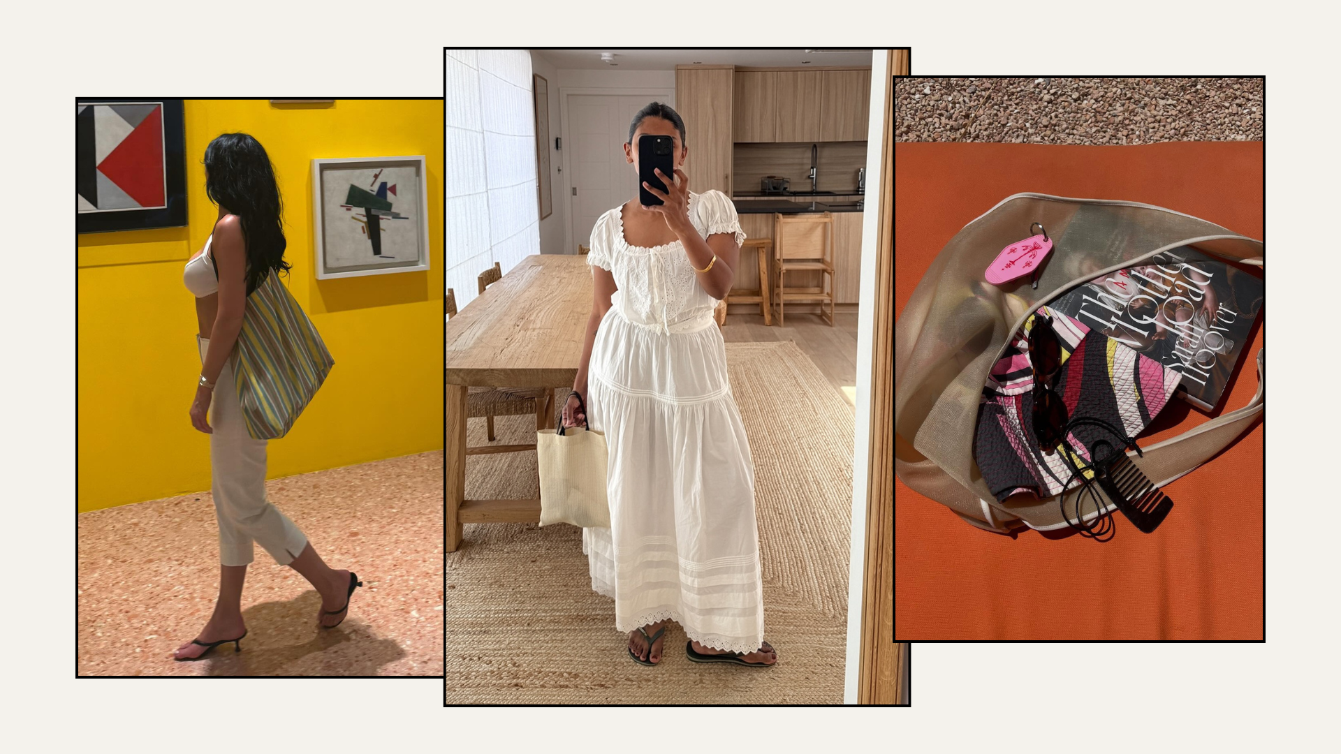 An image of the best mesh bags, including The Row's Barn tote and Dear Frances' sacchetto bag.