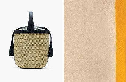 two images, left is a bag and right is coloured textile 