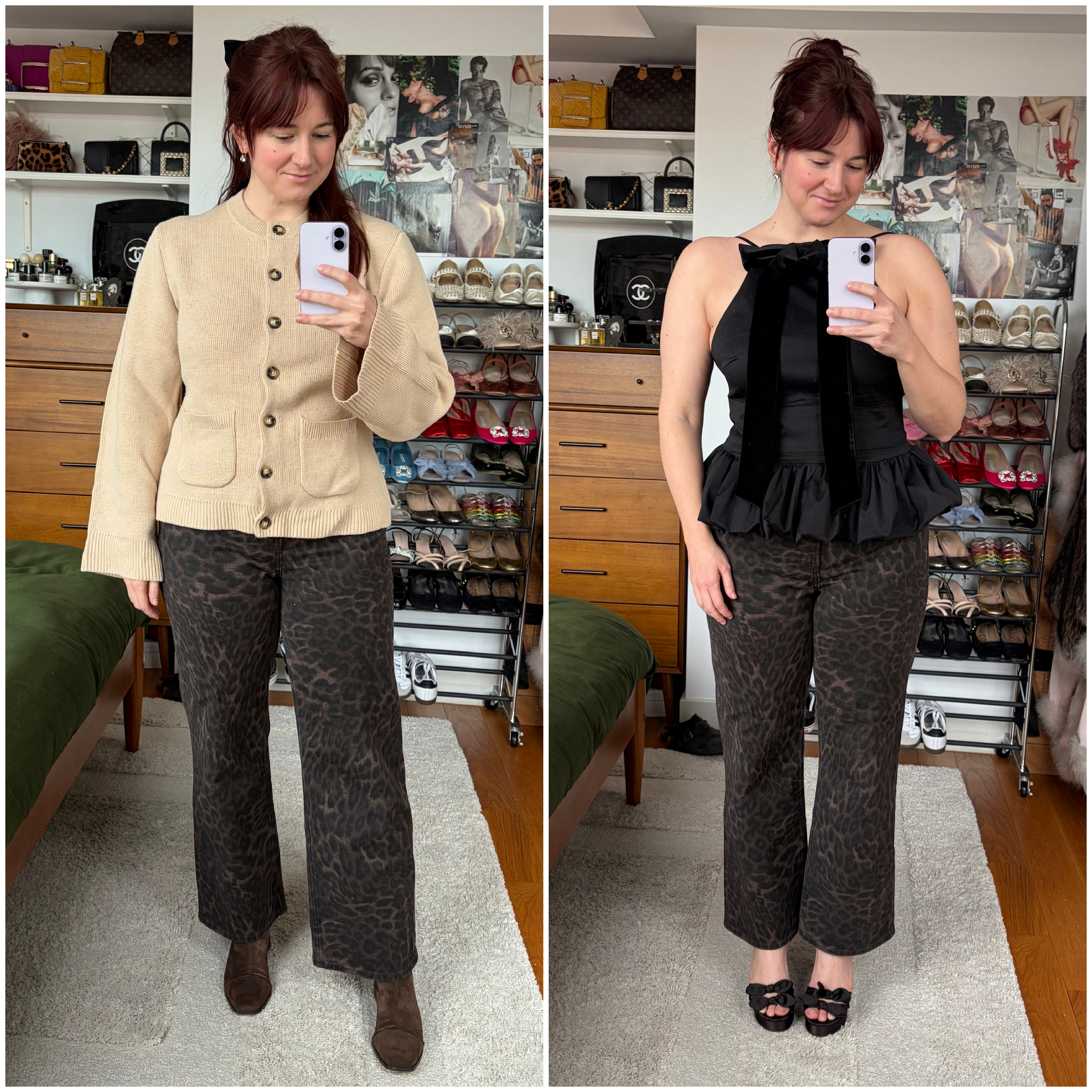 a collage of Tyler McCall wearing Abercrombie leopard print jeans with a graphic tee, tan sweater, and black going out top