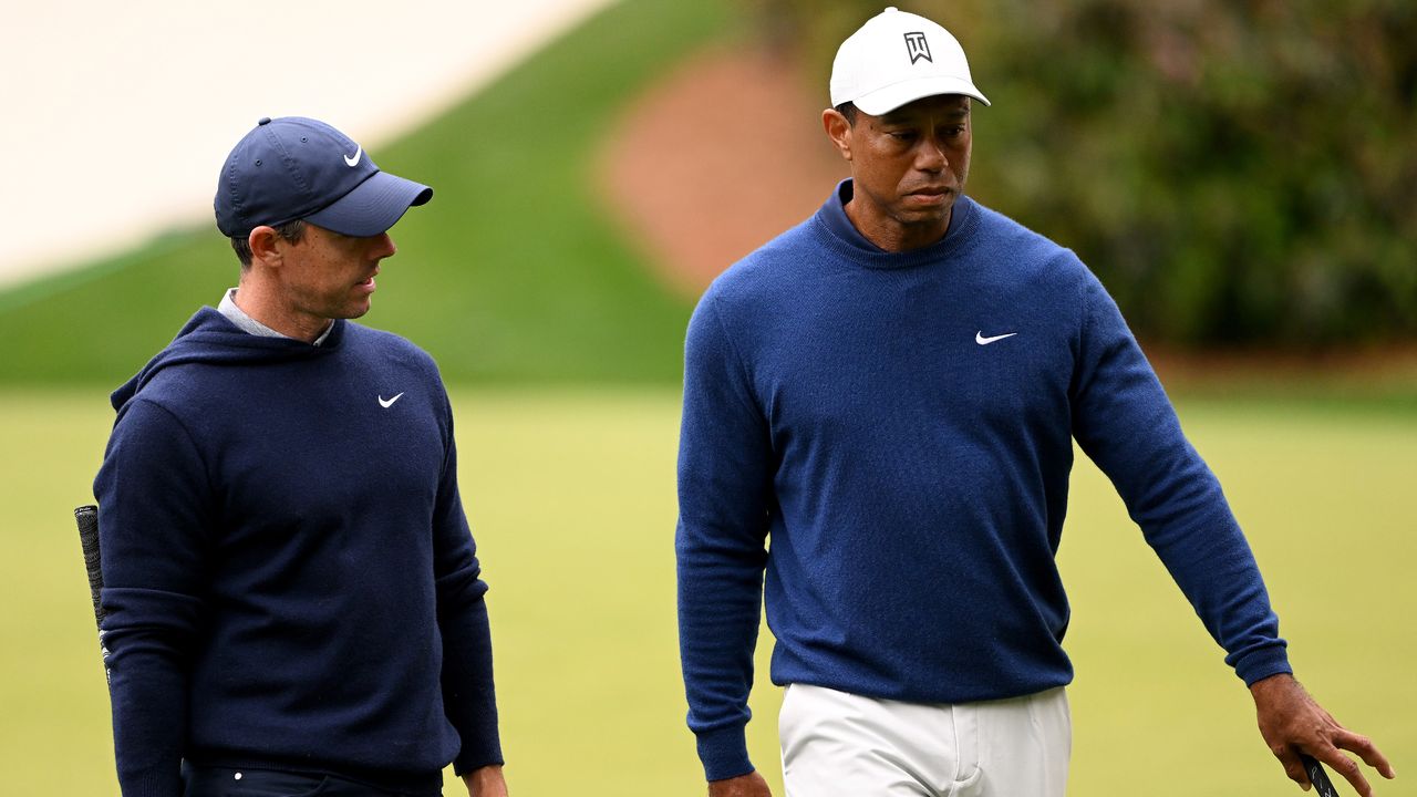 Rory McIlroy and Tiger Woods in a practice round before the 2023 Masters