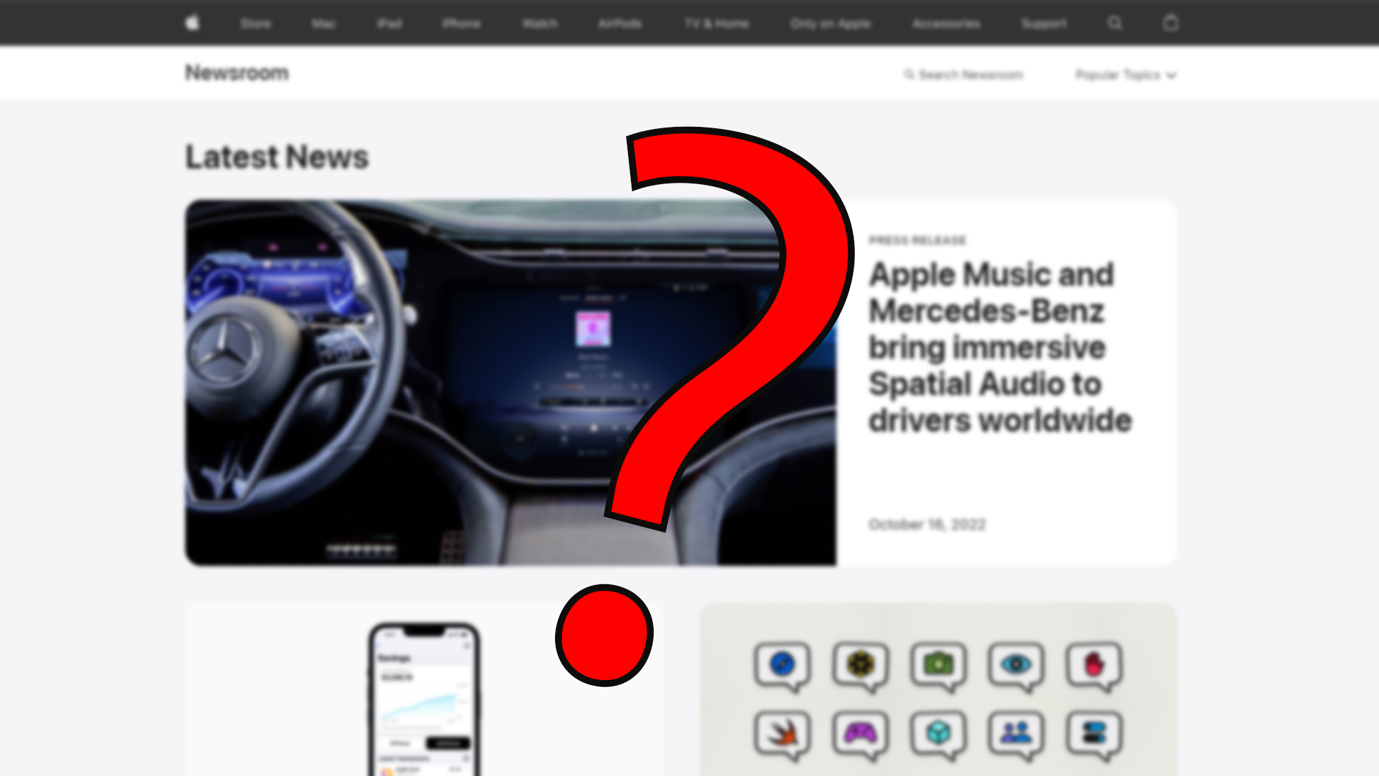  Размытое изображение веб-страницы Apple Newsroom, частично закрытое красным знаком вопроса