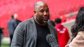 LONDON, ENGLAND - JUNE 05: Ex England and Liverpool footballer John Barnes talks to the media during the Big Jubilee Lunch at Wembley Stadium on June 5, 2022 in London, England. (Photo by Barrington Coombs - The FA/The FA via Getty Images)