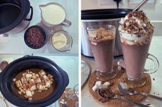 Collage of hot chocolate being made in slow cooker including glass of hot chocolate topped with whipped cream
