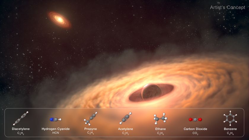 A ring of dust around a dark planet in space with a bright star in the distance and a white box containing various molecule images and labels in front