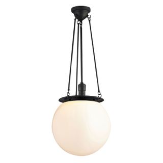 Pendant lighting with round bulb and black hardware