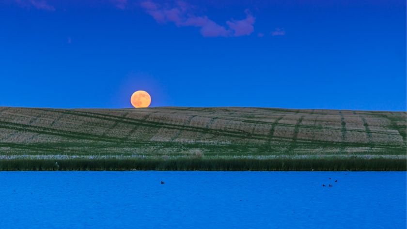 The full moon rising over fields and water in Canada.
