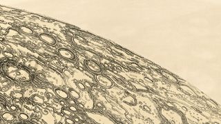 close-up view of the limb of the moon in a sketch showing craters
