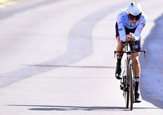 Belgian Jasper Schoofs pictured in action during the time trial junior men at the European Championship 2024, in Hasselt, Wednesday 11 September 2024. The UEC Road European Championships 2024 will take place from 11 to 15 september in Limburg, Belgium. BELGA PHOTO DIRK WAEM (Photo by DIRK WAEM / BELGA MAG / Belga via AFP)