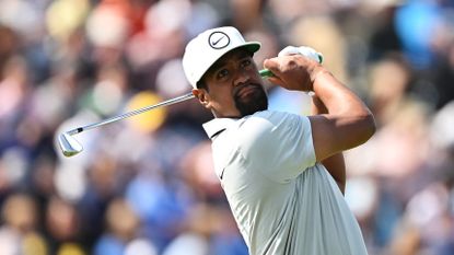 Tony Finau tees off on the 4th hole during the Open Championship.