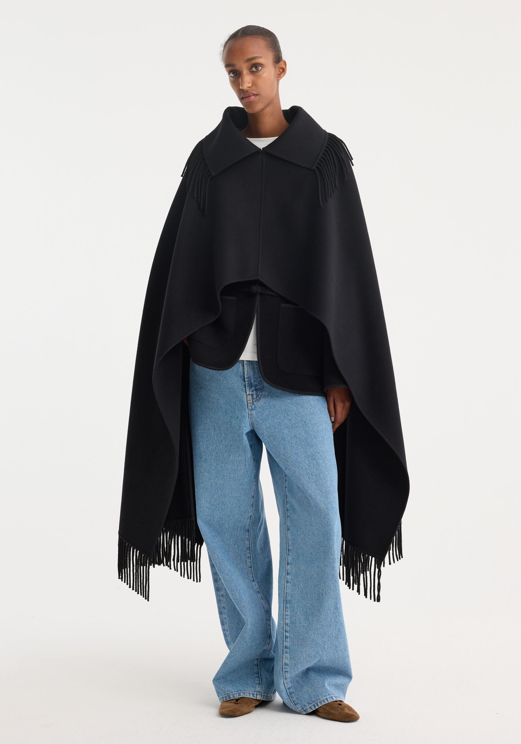 Fringe Poncho Double-Faced Wool | Black