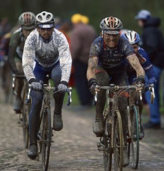 Fabio Baldato (left) in a Fassa Bortolo jacket very similar to the one available here on eBay at the 2001 Paris-Roubaix