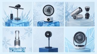 Collage of six electric fans on icy blue backgrounds