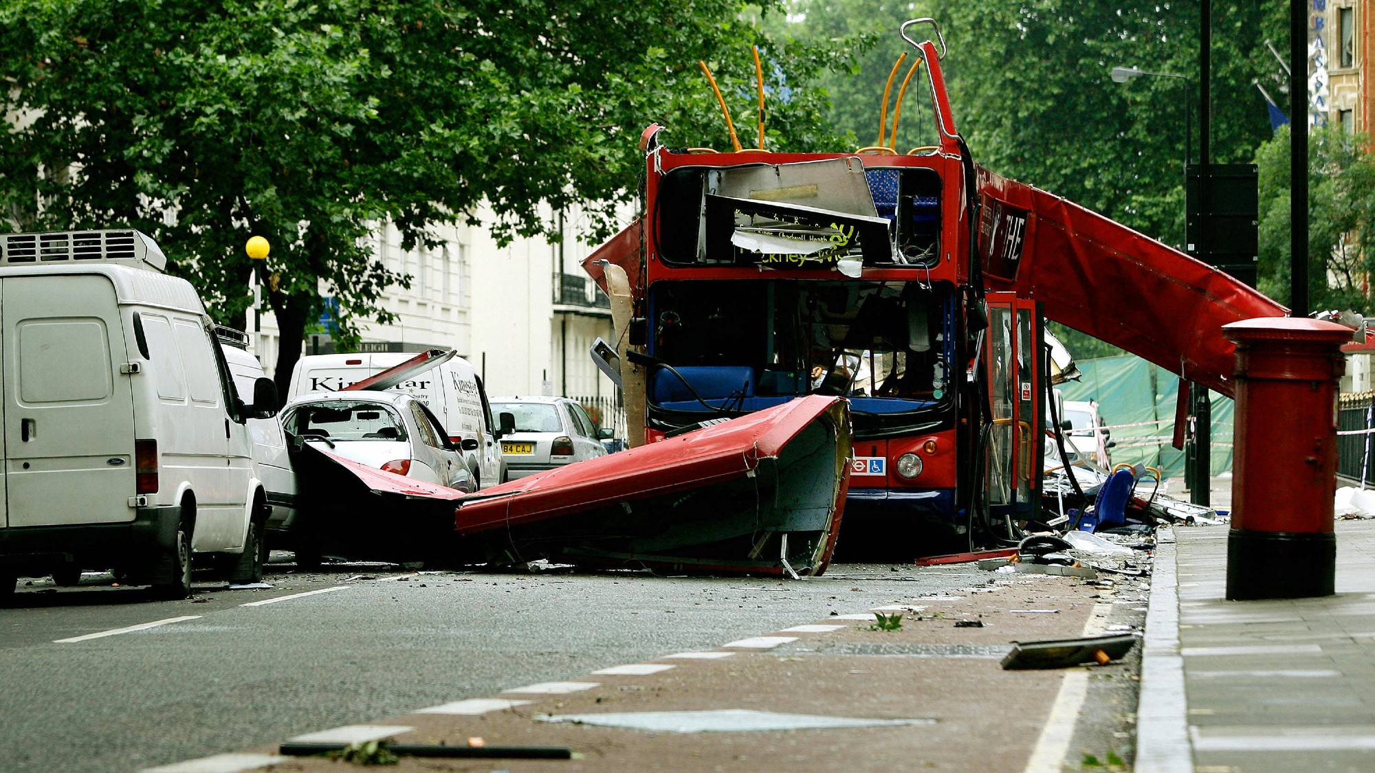 The wreckage of a double-decker bus in Tavistock Square after the 7/7 bombings in 2005