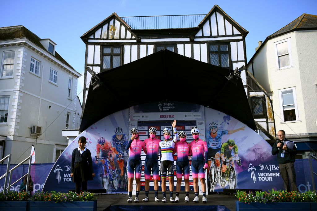 BANBURY ENGLAND OCTOBER 04 A general view of Elisa Balsamo of Italy world champion jersey Martina Alzini of Italy Elena Pirrone of Italy Silvia Pollicini of Italy Margaux Vigie of France and Team Valcar Travel Service during the team presentation prior to the 7th The Womens Tour 2021 Stage 1 a 1477km stage from Bicester to Banbury thewomenstour UCIWWT on October 04 2021 in Banbury England Photo by Justin SetterfieldGetty Images