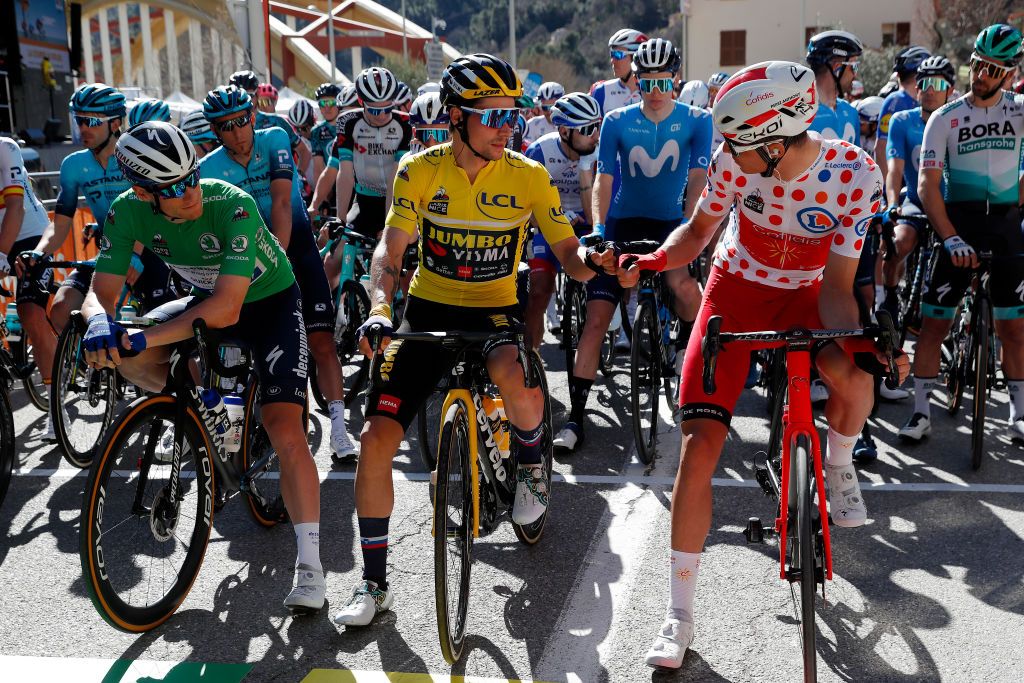 LEVENS FRANCE MARCH 14 Start Sam Bennett of Ireland and Team Deceuninck QuickStep Green sprint jersey Primoz Roglic of Slovenia and Team Jumbo Visma Yellow leader jersey Anthony Perez of France and Team Cofidis Polka Dot Mountain Jersey during the 79th Paris Nice 2021 Stage 8 a 927km stage from Le PlanduVar to Levens 518m Stage itinerary redesigned due to COVID19 lockdown imposed in the city of Nice ParisNice on March 14 2021 in Levens France Photo by Bas CzerwinskiGetty Images