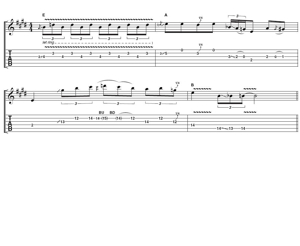 Example 4 - Low and high register combinations: This is more low register stuff that uses ringing notes and vibrato. There's no need to get bogged down in the first position, though, because the phrase swiftly moves up to the dusty end in bar 3. Triplets, sextuplets, vibrato and quarter-tone bends abound.