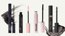 A collage of four of the best natural-looking mascaras featured in this guide, including the Estee Lauder Sumptuous Rebel mascara, the e.l.f Lash N Roll, Glossier's Lash Slick and the Max Factor Divine Lashes mascara. All featured on a cream template with black and brown mascara smudges. 