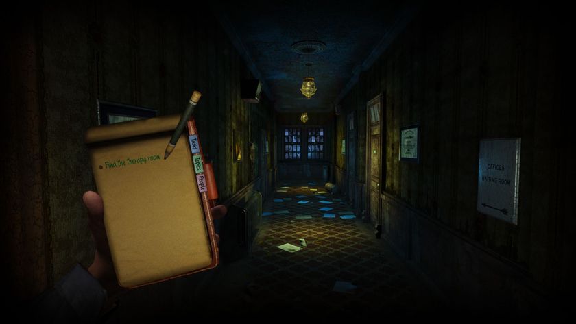 First-person screenshot from ASYLUM, showing the protagonist&#039;s hand holding up a notebook while walking through a dark corridor.