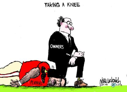 Political cartoon U.S. NFL kneeling anthem owners
