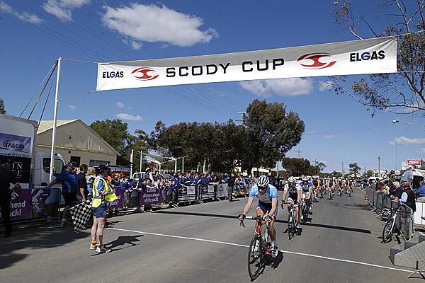 The remainder of the field file in to Manangatang to finish stage six of the tour.