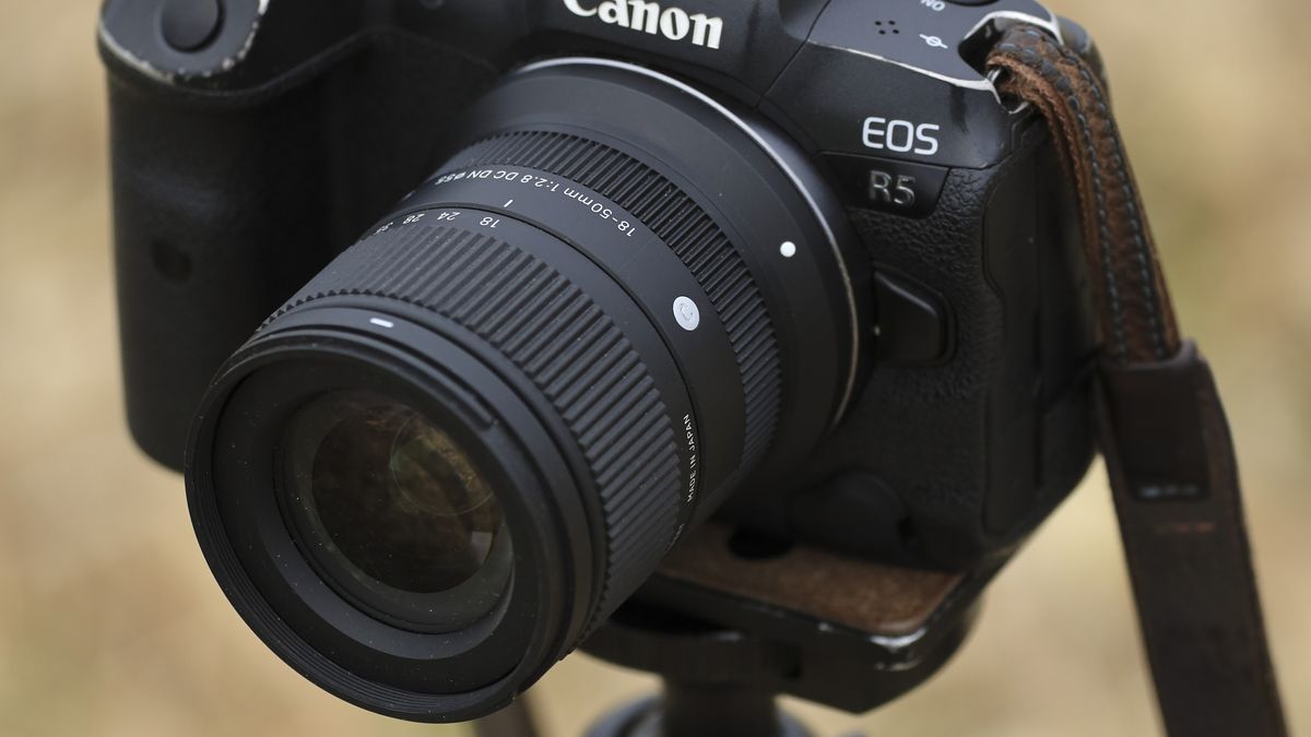 Sigma 18-50mm F2.8 DC DN Contemporary lens for Canon RF mount, attached to a Canon EOS R5 outdoors on a sunny day
