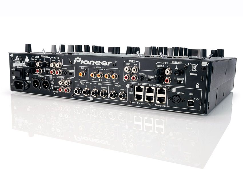 On the back are ports to connect up to four CDJs and two laptops at the same time.