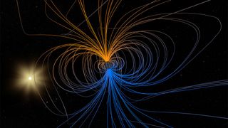 An artist's depiction of Earth's magnetic field, with the sun in the background.