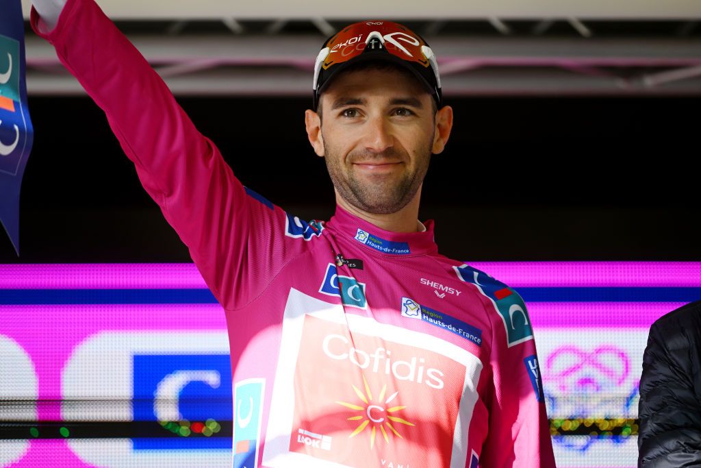 ST QUENTIN FRANCE MAY 18 Benjamin Thomas of France and Team Cofidis celebrates at podium as Pink Leader Jersey winner during the 67th 4 Jours de Dunkerque Grand Prix des Hauts de France 2023 Stage 3 a 159km Individual time trial in SaintQuentin on May 18 2023 in St Quentin France Photo by Luc ClaessenGetty Images