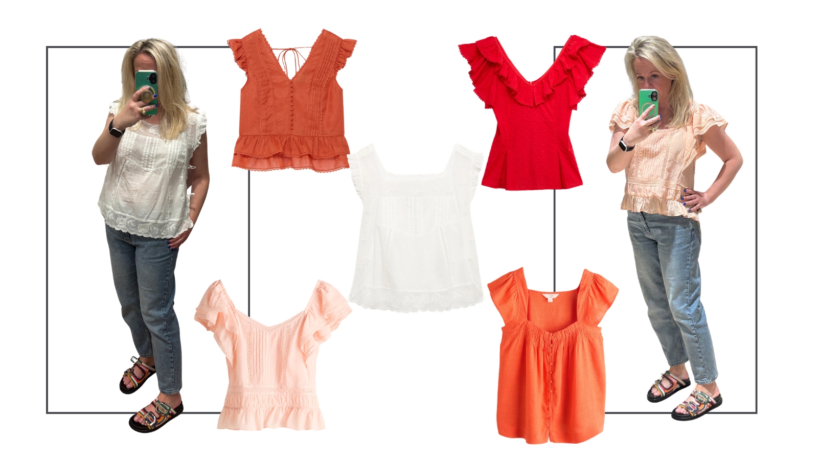 Antonia Kraskowski wearing butterfly tops and cut out images of various styles