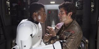 John Boyega and Oscar Isaac in Finn and Poe in Star Wars: Force Awakens