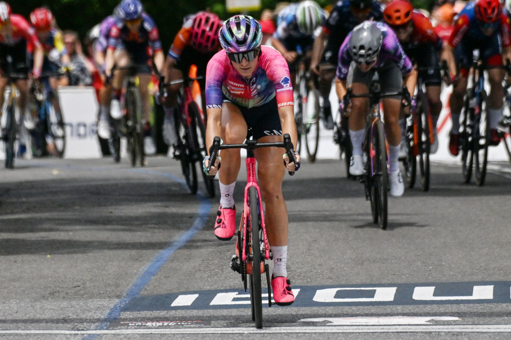 Canyon//Sram Zondacrypto rider Chloe Dygert of the US celebrates winning stage 3 of the Tour Down Under cycling race in Adelaide on January 19, 2025. (Photo by Brenton Edwards / AFP) / -- IMAGE RESTRICTED TO EDITORIAL USE - STRICTLY NO COMMERCIAL USE --