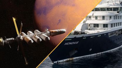 A photo compilation of an illustration of a spaceship in front of Mars on the left and a close up of a white cruise ship on the right.