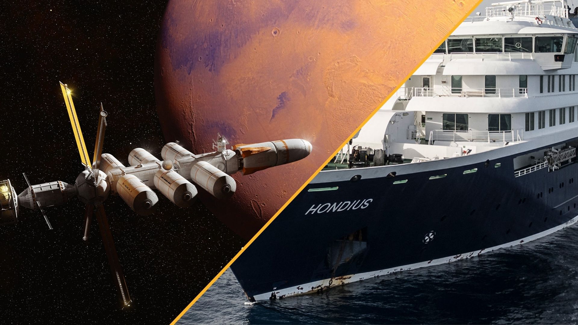 A photo compilation of an illustration of a spaceship in front of Mars on the left and a close up of a white cruise ship on the right.