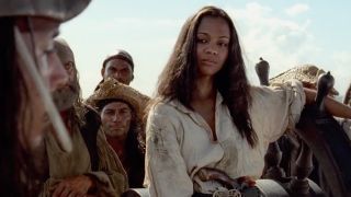 Zoe Saldaña looking less than impressed with Captain Jack in 2003's The Pirates of the Caribbean: The Curse of the Black Pearl.