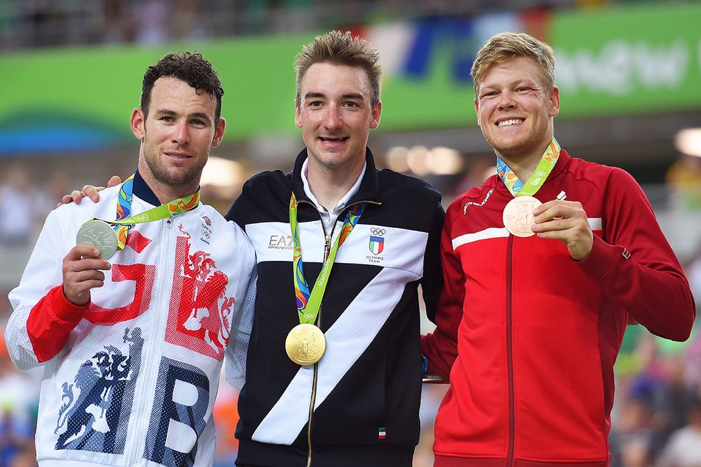 The men's omnium podium: Mark Cavendish (Great Britain), Elia Viviani (Italy) and Lasse Norman Hansen (Denmark)