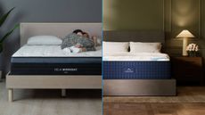 A Helix Midnight Luxe mattress in a room (left) and a DreamCloud Premier Rest Hybrid mattress in a room (right)