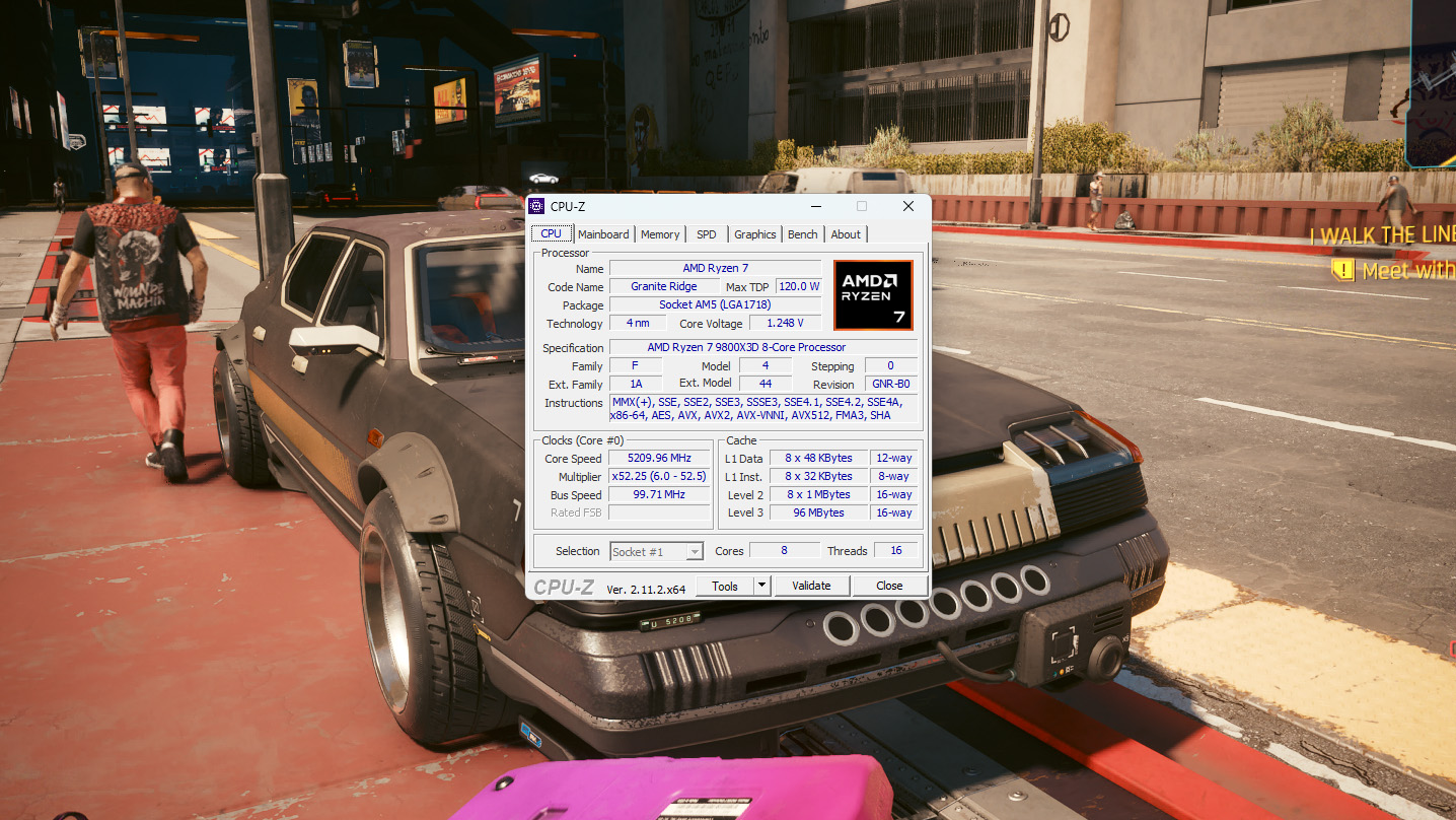 AMD Ryzen 7 9800X3D live stats in CPU-Z while running Cyberpunk 2077