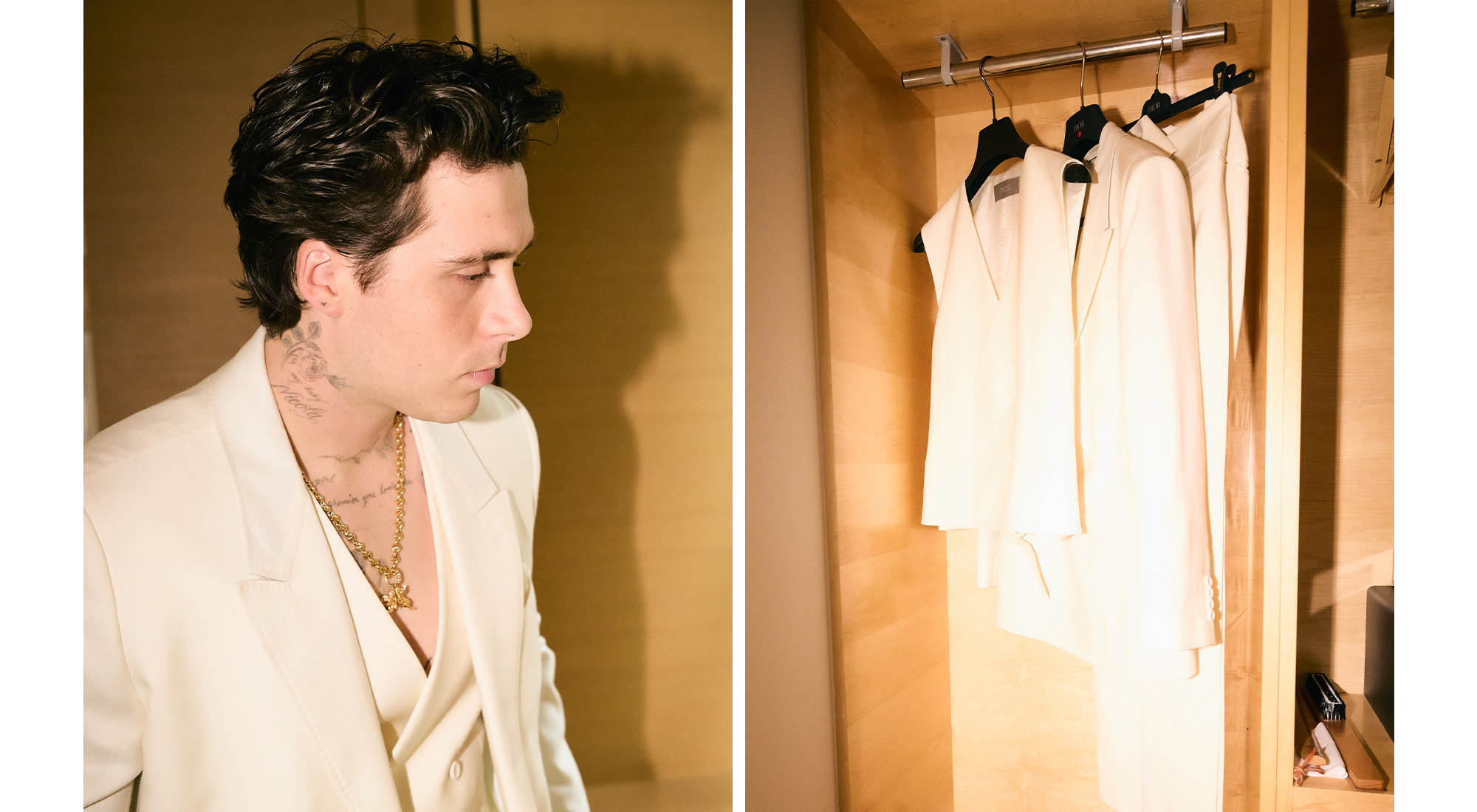 Left: Brooklyn Peltz Beckham wearing white Dior suit; Right: Dior three-piece suit hanging in closet