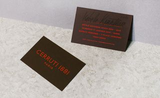 Textured, chocolate brown duplex card was emblazoned with scarlet, foiled text