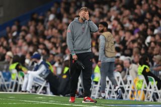 Jurgen Klopp Head coach of Liverpool FC reacts during the UEFA Champions League round of 16 leg two match between Real Madrid and Liverpool FC at Estadio Santiago Bernabeu on March 15, 2023 in Madrid, Spain